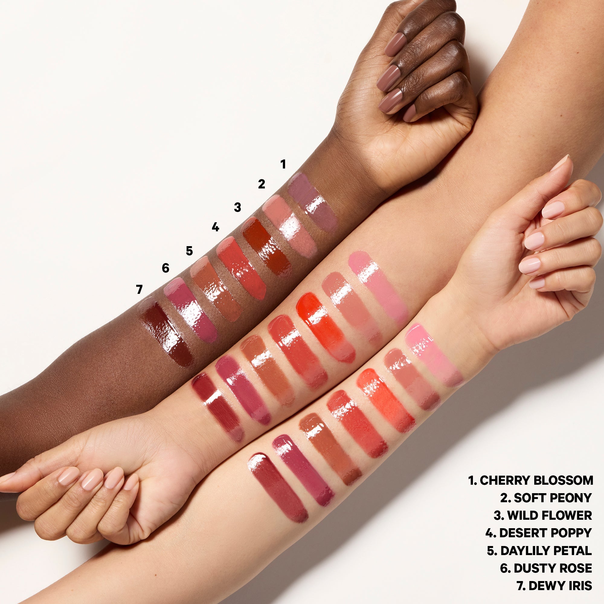 well people tinted lip oil shade swatches on different skin tones